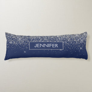 Silver Navy Blue Glitter Girly Monogram Name Body Pillow