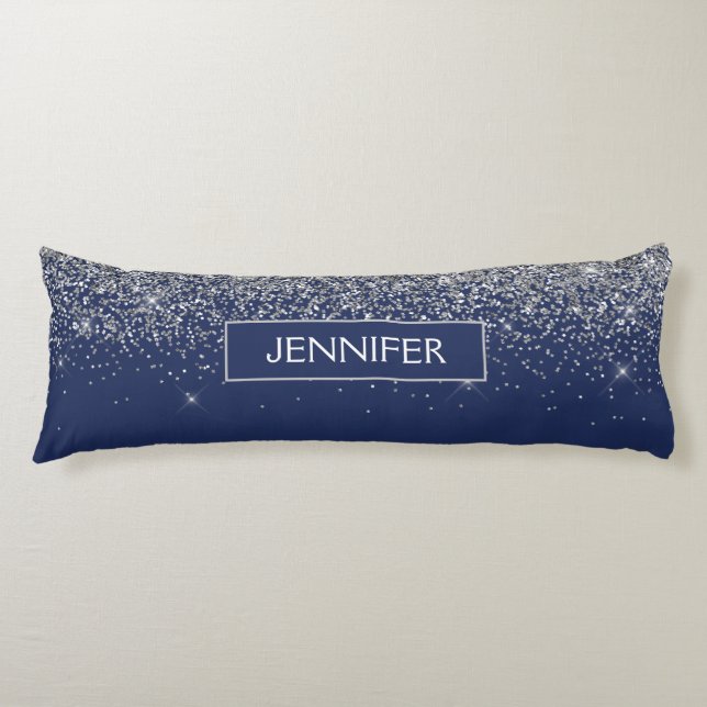 Silver Navy Blue Glitter Girly Monogram Name Body Pillow (Front)