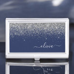 Silver Navy Blue Glitter Girly Monogram Name Business Card Holder<br><div class="desc">Navy Blue and Silver Sparkle Glitter Script Monogram Name Business Card Holder. This makes the perfect sweet 16 birthday,  wedding,  bridal shower,  anniversary,  baby shower or bachelorette party gift for someone that loves glam luxury and chic styles.</div>