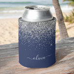 Silver Navy Blue Glitter Girly Monogram Name Can Cooler<br><div class="desc">Navy Blue and Silver Glitter and Sparkle Elegant Birthday or Bachelorette Party Can Coolers. These Wedding,  Bridal Shower or Birthday Party Can Coolers can be customized to include your first name. Please contact the designer for customized matching items.</div>