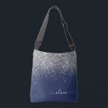 Silver Navy Blue Glitter Girly Monogram Name Crossbody Bag<br><div class="desc">Silver and Navy Blue anniversary,  baby shower or bachelorette party gift for someone that loves glam luxury and chic styles.</div>