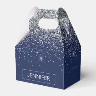 Silver Navy Blue Glitter Girly Monogram Name Favor Box