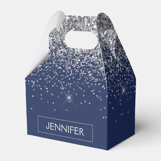 Silver Navy Blue Glitter Girly Monogram Name Favor Box (Front Side)