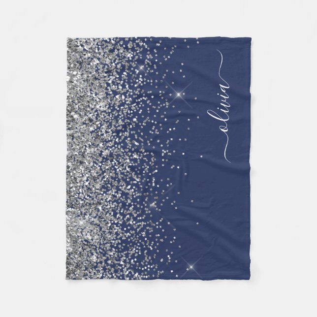 Silver Navy Blue Glitter Girly Monogram Name Fleece Blanket (Front)