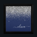 Silver Navy Blue Glitter Girly Monogram Name Gift Box<br><div class="desc">Navy Blue and Silver Sparkle Glitter script Monogram Name Jewellery Keepsake Box. This makes the perfect graduation,  birthday,  wedding,  bridal shower,  anniversary,  baby shower or bachelorette party gift for someone that loves glam luxury and chic styles.</div>
