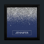 Silver Navy Blue Glitter Girly Monogram Name Gift Box<br><div class="desc">Navy Blue and Silver Sparkle Glitter Monogram Name Jewellery Keepsake Box. This makes the perfect graduation,  birthday,  wedding,  bridal shower,  anniversary,  baby shower or bachelorette party gift for someone that loves glam luxury and chic styles.</div>