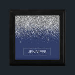 Silver Navy Blue Glitter Girly Monogram Name Gift Box<br><div class="desc">Navy Blue and Silver Sparkle Glitter Monogram Name Jewellery Keepsake Box. This makes the perfect graduation,  birthday,  wedding,  bridal shower,  anniversary,  baby shower or bachelorette party gift for someone that loves glam luxury and chic styles.</div>