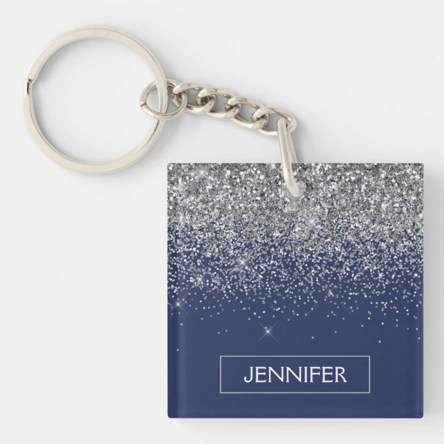 Silver Navy Blue Glitter Girly Monogram Name Keychain (Front)