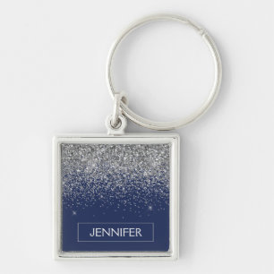 Silver Navy Blue Glitter Girly Monogram Name Keychain