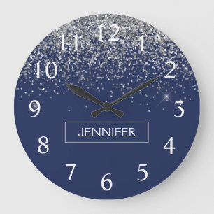 Silver Navy Blue Glitter Girly Monogram Name Large Clock
