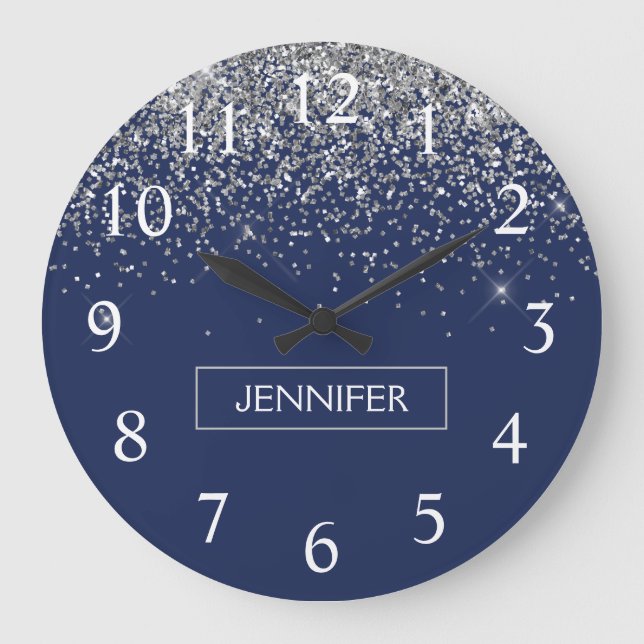 Silver Navy Blue Glitter Girly Monogram Name Large Clock (Front)