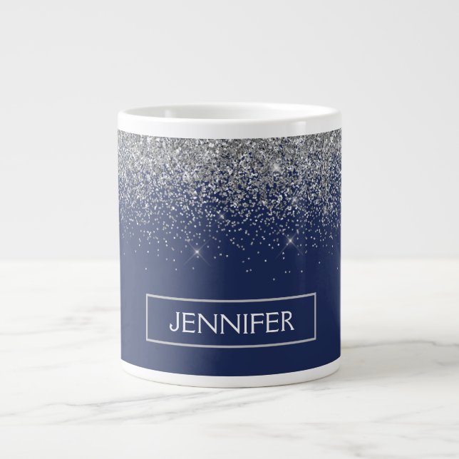 Silver Navy Blue Glitter Girly Monogram Name Large Coffee Mug (Front)