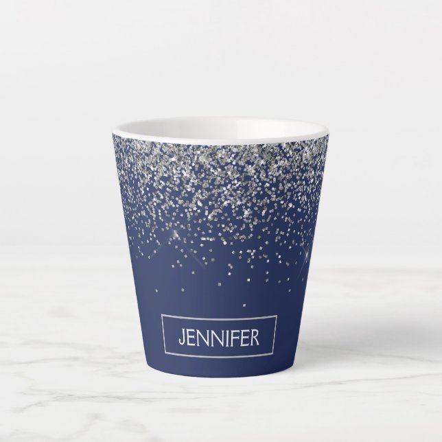 Silver Navy Blue Glitter Girly Monogram Name Latte Mug (Front)