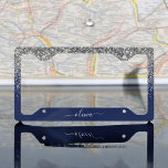 Silver Navy Blue Glitter Girly Monogram Name License Plate Frame<br><div class="desc">Silver and Navy Blue Sparkle Glitter Monogram Name License Plate Frame. This makes the perfect sweet 16 birthday,  wedding,  bridal shower,  anniversary,  graduation or bachelorette party gift for someone that loves glam luxury and chic styles.</div>