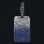Silver Navy Blue Glitter Girly Monogram Name Luggage Tag<br><div class="desc">Silver and Navy Blue Sparkle Glitter Monogram Name and Initial Pillow. The luggage bag tag makes the perfect sweet 16 birthday,  wedding,  bridal shower,  baby shower or bachelorette party gift for someone decorating her room in style.</div>