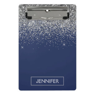 Silver Navy Blue Glitter Girly Monogram Name Mini Clipboard