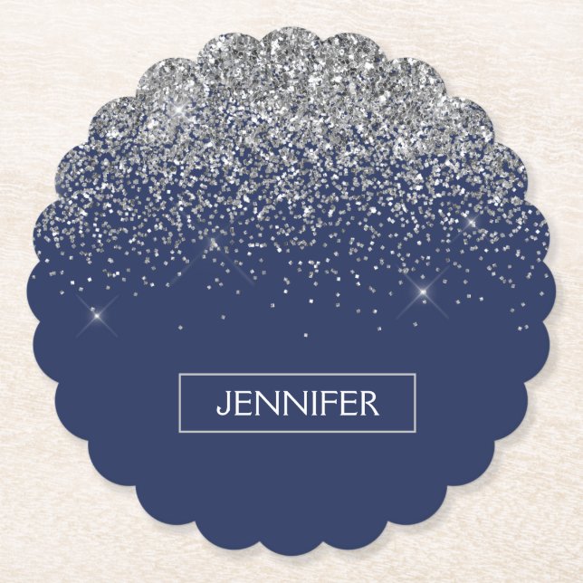 Silver Navy Blue Glitter Girly Monogram Name Paper Coaster (Front)