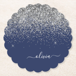 Silver Navy Blue Glitter Girly Monogram Name Paper Coaster