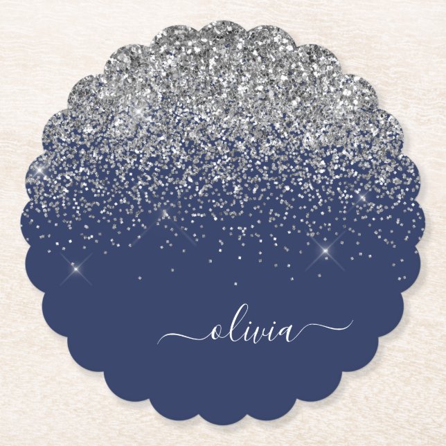Silver Navy Blue Glitter Girly Monogram Name Paper Coaster (Front)