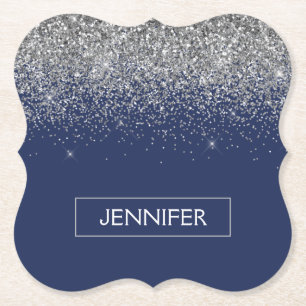 Silver Navy Blue Glitter Girly Monogram Name Paper Coaster