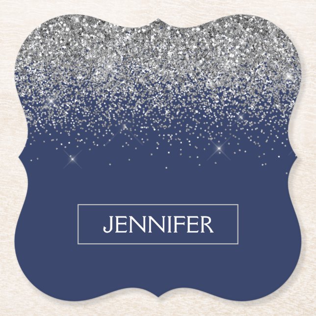 Silver Navy Blue Glitter Girly Monogram Name Paper Coaster (Front)