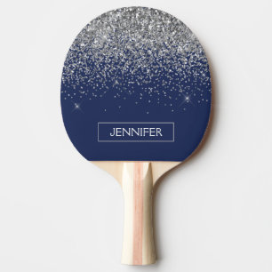 Silver Navy Blue Glitter Girly Monogram Name Ping Pong Paddle