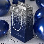 Silver Navy Blue Glitter Girly Monogram Name Small Gift Bag<br><div class="desc">Navy Blue and Silver Glitter Script Monogram Name Gift Bag. This makes the perfect sweet 16 birthday,  wedding,  bridal shower,  anniversary,  baby shower or bachelorette party gift bag for someone that loves glam luxury and chic styles.</div>