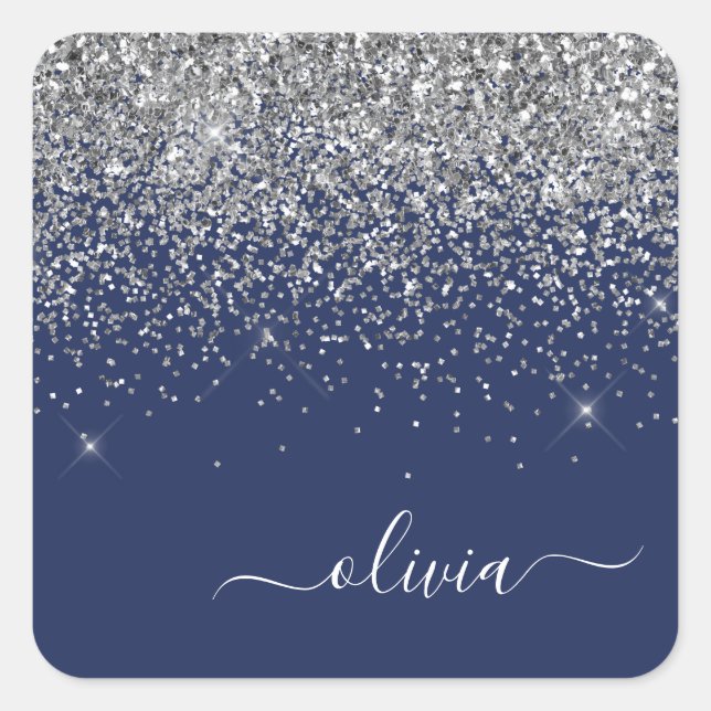 Silver Navy Blue Glitter Girly Monogram Name Square Sticker (Front)