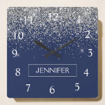 Silver Navy Blue Glitter Girly Monogram Name Square Wall Clock<br><div class="desc">Silver and Navy Blue Sparkle Glitter Monogram Name Clock. This makes the perfect sweet 16 birthday,  wedding,  bridal shower,  anniversary,  baby shower or bachelorette party gift for someone that loves glam luxury and chic styles.</div>