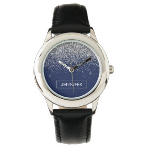 Silver Navy Blue Glitter Girly Monogram Name Watch