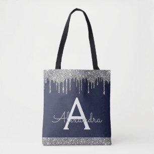Silver Navy Blue Glitter Spakle Elegant Monogram Tote Bag