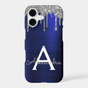 Silver Navy Blue Glitter Sparkle Monogram Name