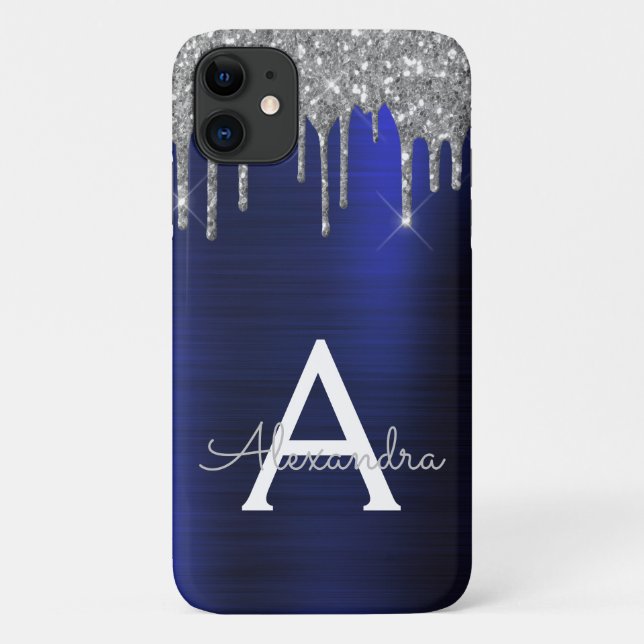 Silver Navy Blue Glitter Sparkle Monogram Name Case-Mate iPhone Case (Back)