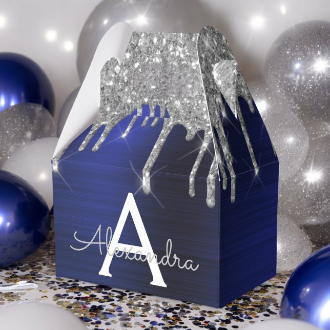 Silver Navy Blue Glitter Sparkle Monogram Name Favor Box (Creator Uploaded)