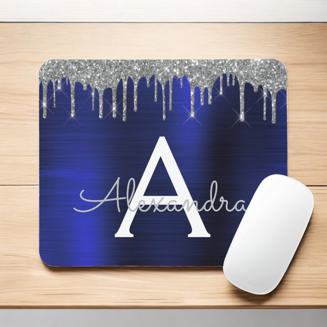 Silver Navy Blue Glitter Sparkle Monogram Name Mouse Pad (Creator Uploaded)
