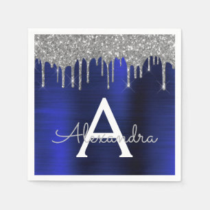 Silver Navy Blue Glitter Sparkle Monogram Name Napkin