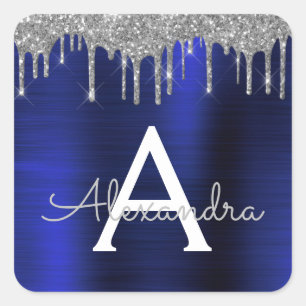 Silver Navy Blue Glitter Sparkle Monogram Name Square Sticker