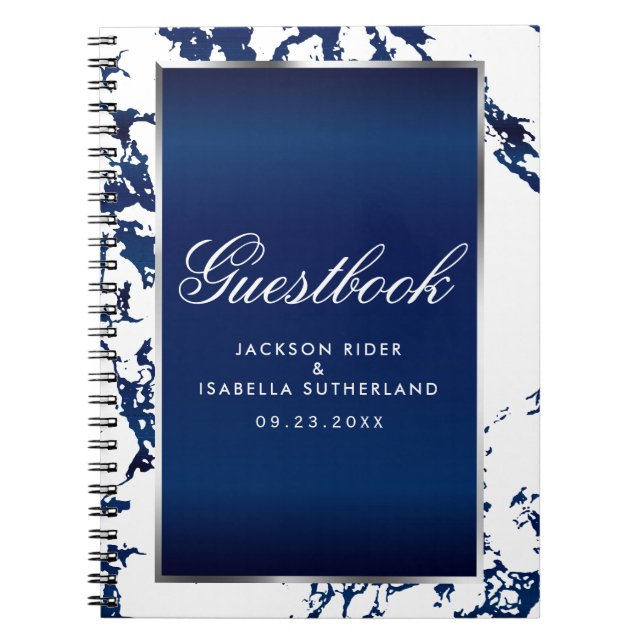 Silver, Navy Blue Marble & White  - Guestbook Notebook (Front)