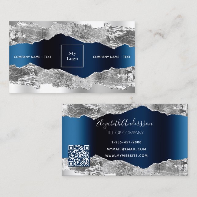 Silver navy blue metal agate marble logo QR code Business Card (Front/Back)