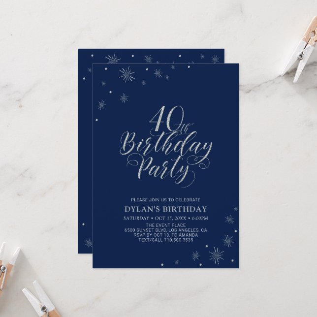 Silver & Navy Blue Modern Chic 40th Birthday Party Invitation (Front/Back In Situ)