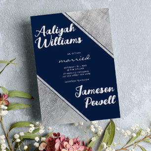 Silver navy blue script calligraphy wedding  invitation