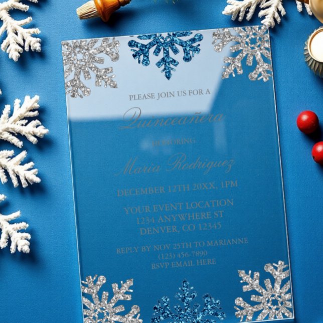 Silver Navy Blue Snowflake Winter Quinceanera Acrylic Invitations (Creator Uploaded)