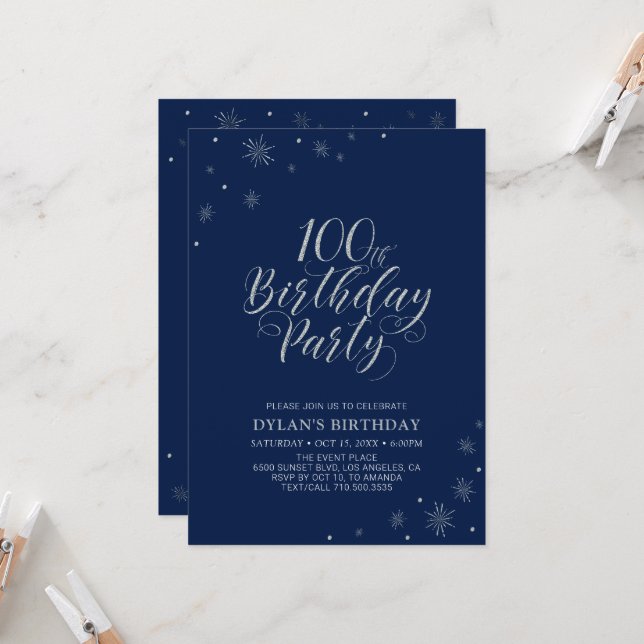 Silver & Navy Blue Sparkle 100th Birthday Party Invitation (Front/Back In Situ)