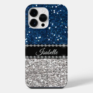 Silver Navy BLue Sparkle Glam Bling Personalized iPhone 14 Pro Max Case