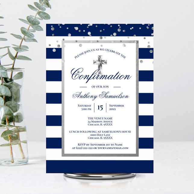 Silver Navy Blue Stripes Confirmation Boy Invitation (Creator Uploaded)