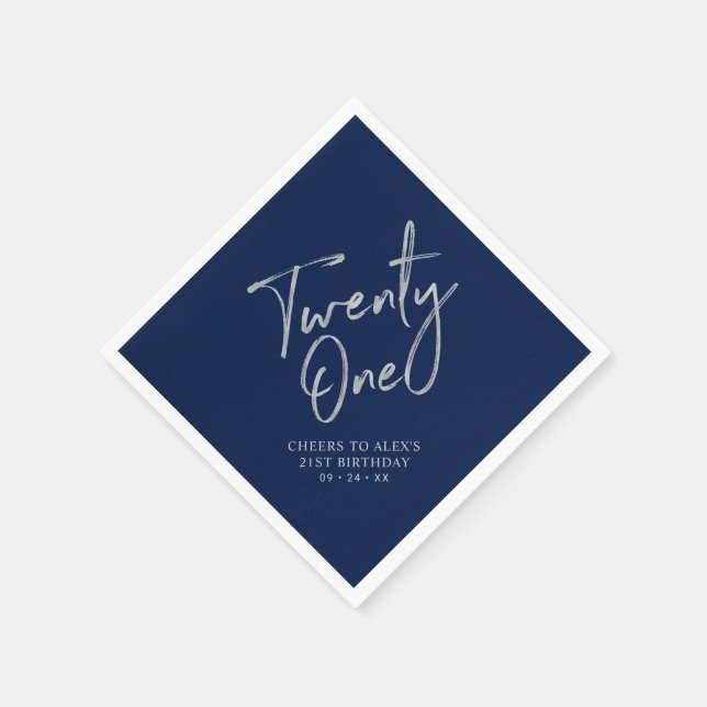 Silver & Navy Blue Twenty One 21st Birthday Party Napkin (Corner)