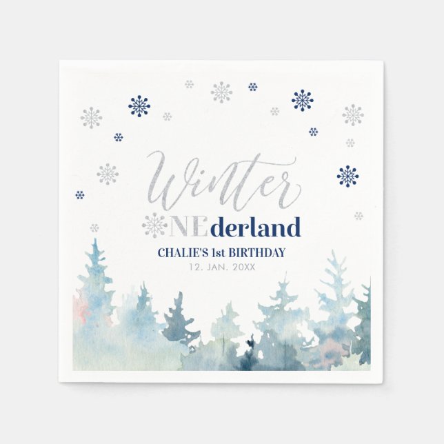 Silver & Navy  Boy Winter Onederland 1st Birthday Napkin (Front)