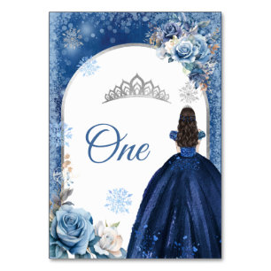 Silver Navy Christmas Snowflake Girl's Quinceanera Table Number
