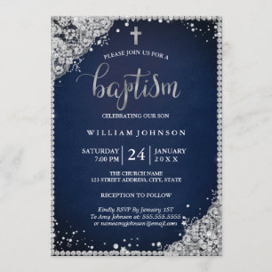 Silver Navy Diamond Lace Cross Baptism Invitation