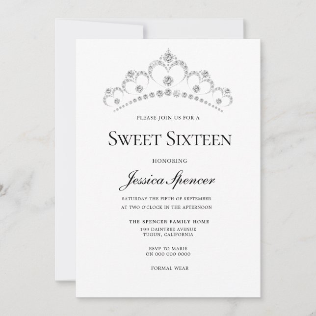 Silver & Navy Diamond Tiara Sweet 16 Party Invite (Front)